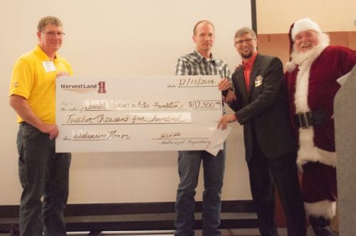 Group holding oversized donation check with Santa