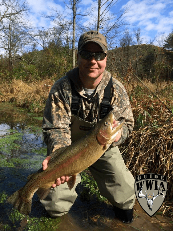 A man holding a rainbow trout in a stream.