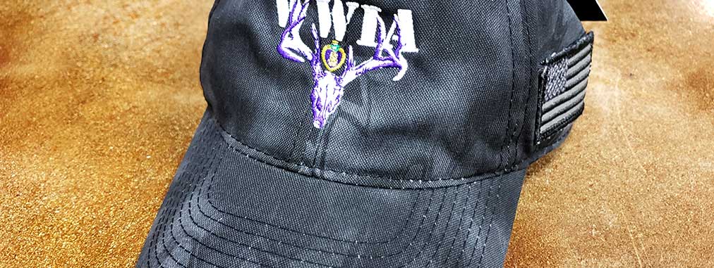 A black hat with an american flag on it