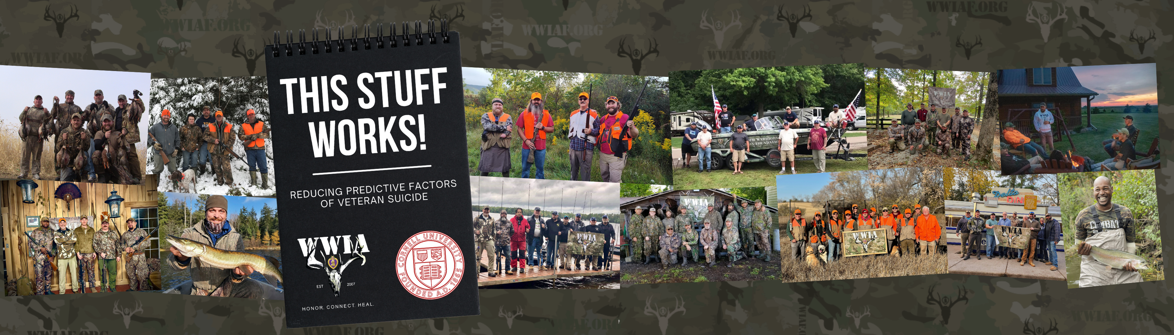 A collage showcasing various hunting and outdoor activities with a central banner reading "this stuff works! reducing predictive factors of predator suicide.