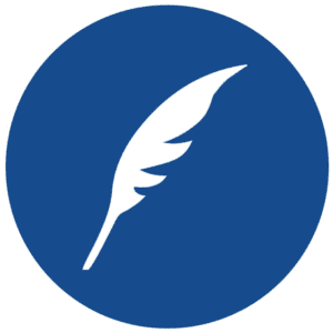 White feather quill on blue circle.