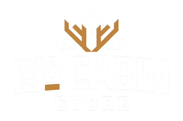 PJ's Cabin Store logo with antler design.