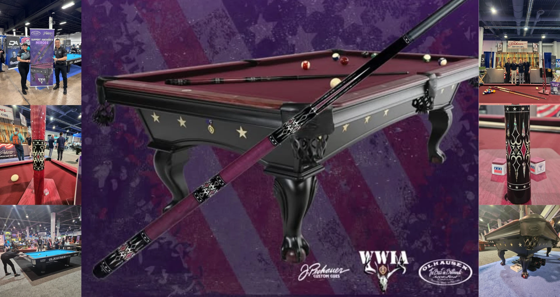 Pool table and cue with tournament backdrop