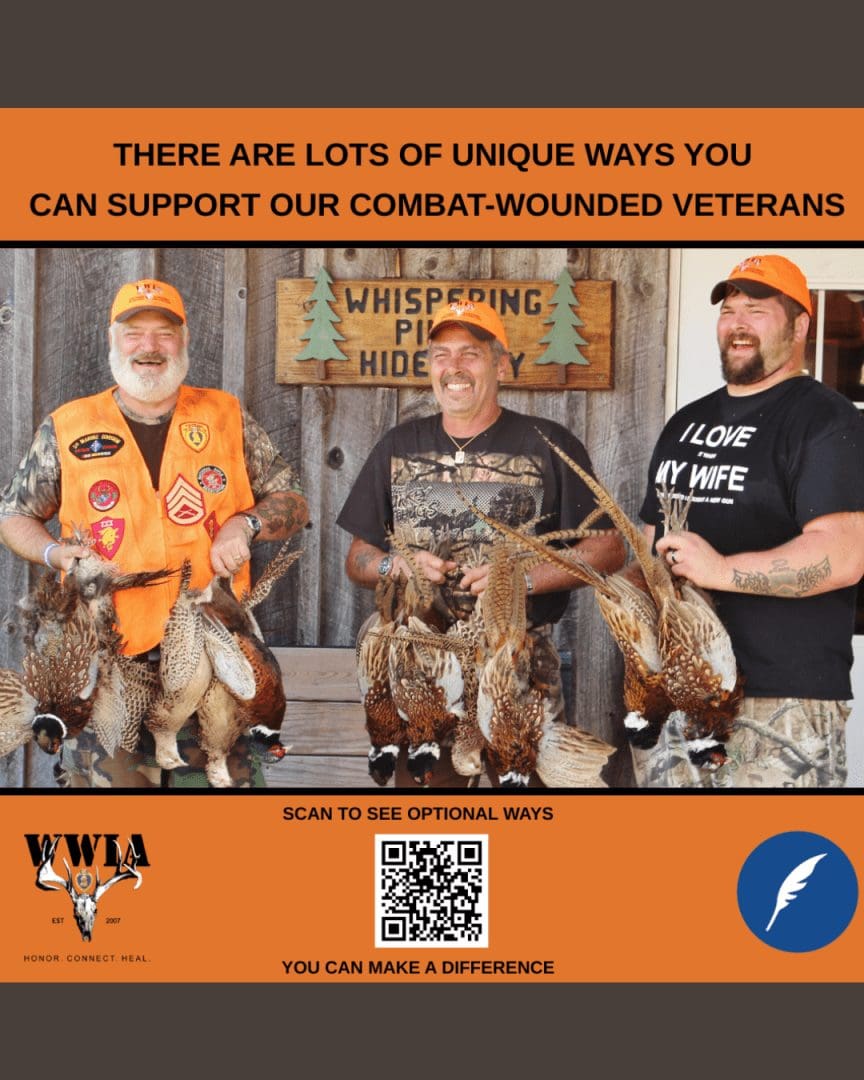 Three men holding pheasants promoting veteran support